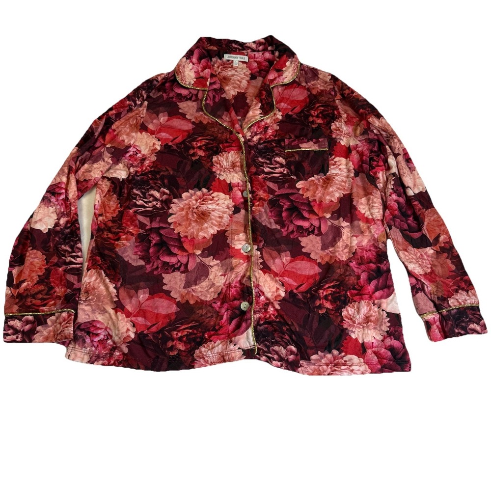 Johnny Was Pajama Top Women Large Burgundy Excellent Floral Pima Cotton Modal